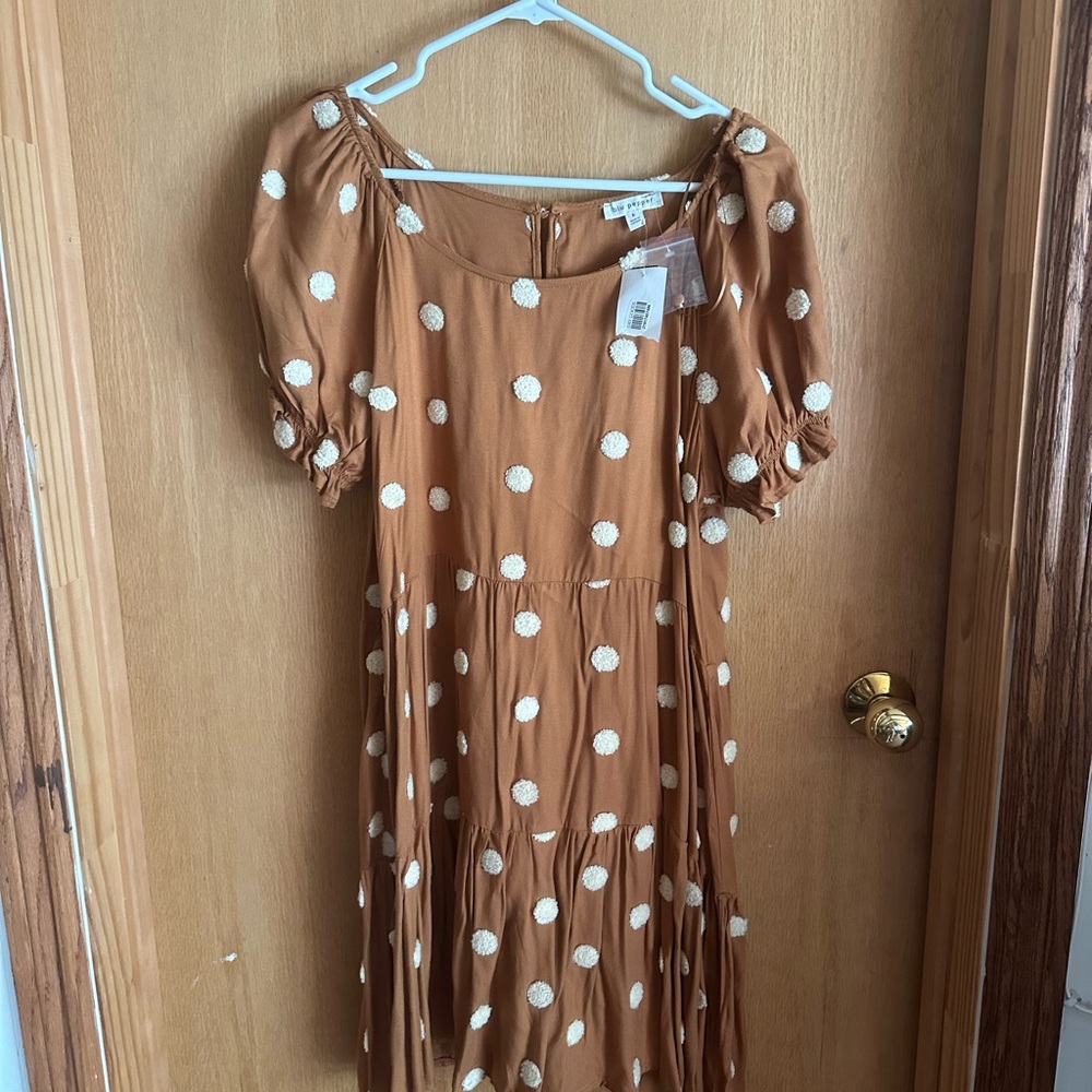 NWT Blu Pepper Tan Dress with Cream Dots